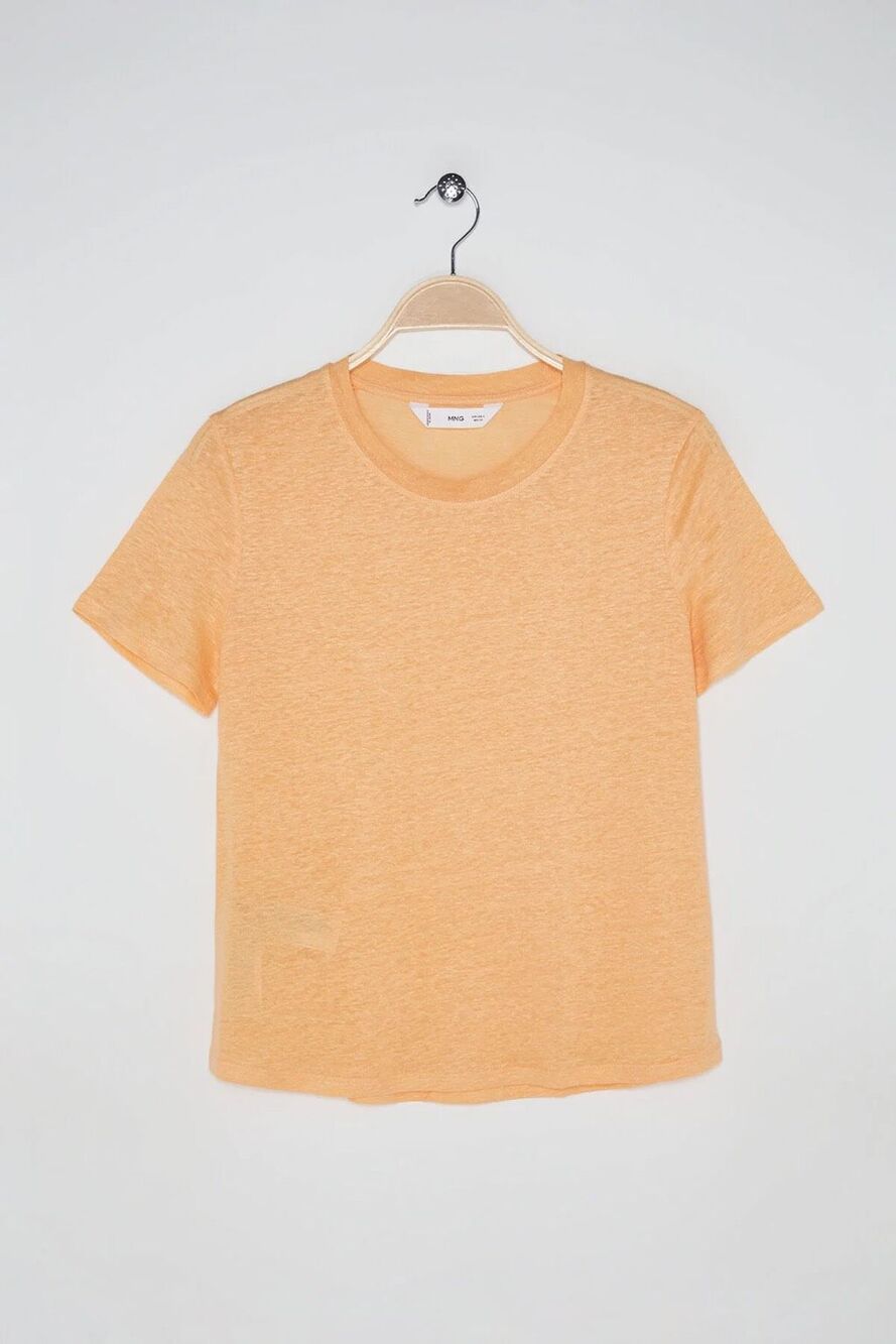 Mango MNG Women's Crew Neck Linen Short Sleeve Lightweight Orange T-Shirt S NEW